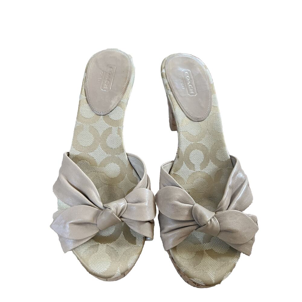COACH 'KAREN' Tan Neutral BOW LEATHER MULE CORK SANDALS Sz 8.5 EXCELLENT